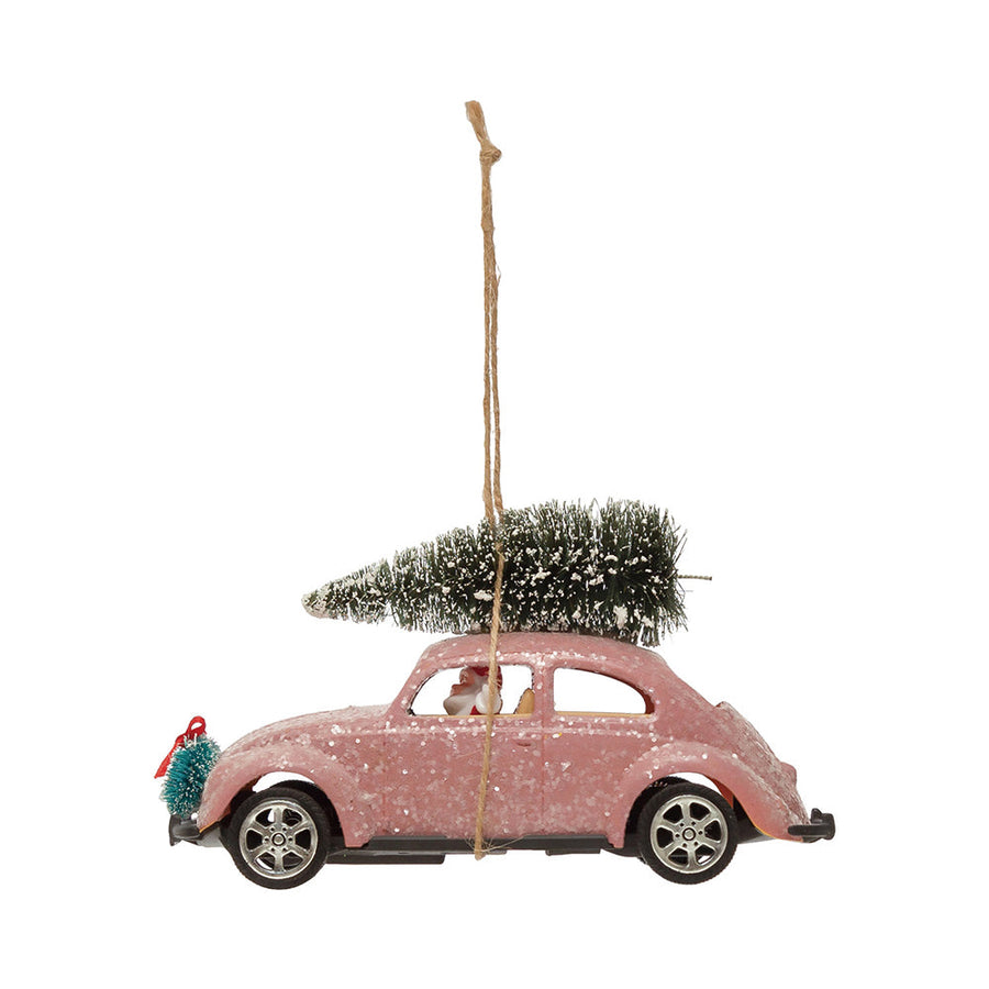 4"H Plastic Car Ornament with Bottle Brush Tree and Glitter, Pink by Creative Co-Op