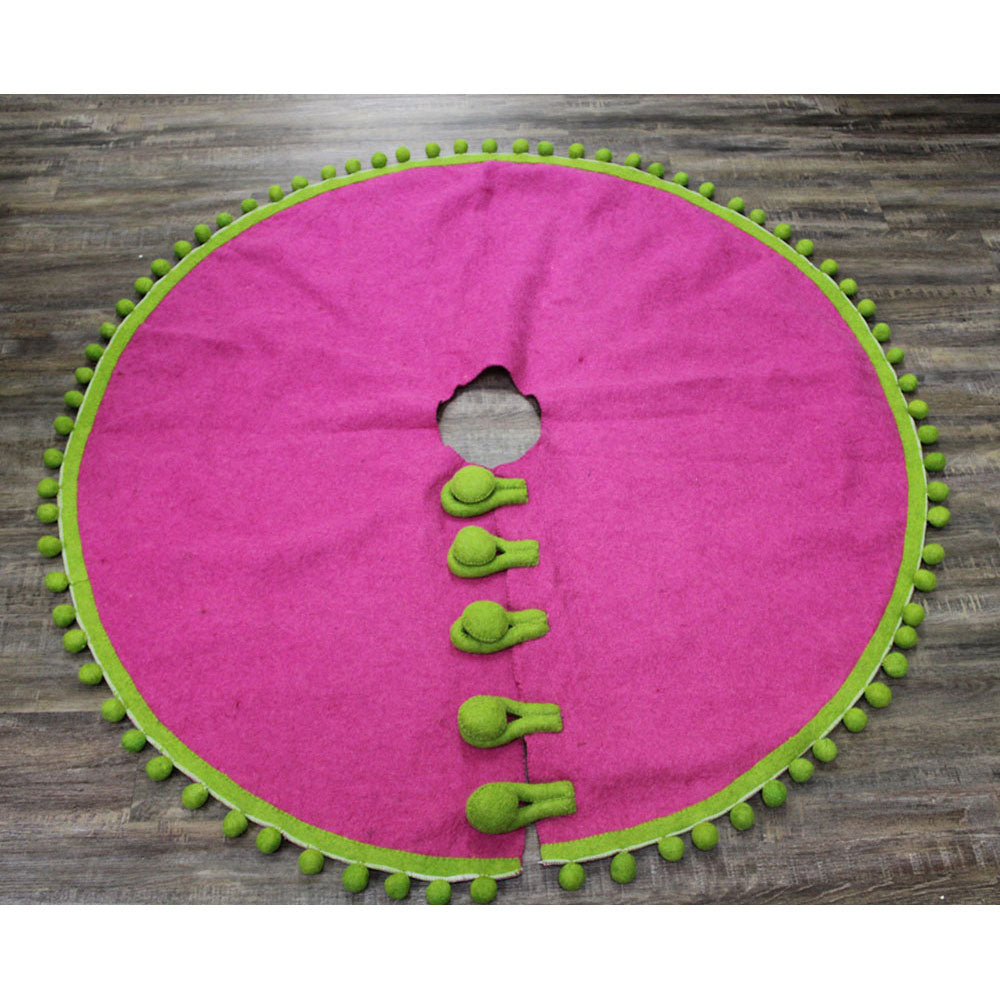 55" Handmade Wool Tree Skirt, Pink with Green Trim by Trade Cie image