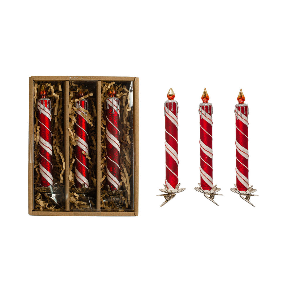 6"H Glass Candle Clip-on Ornaments w/ Glitter, Red & White, Boxed Set of 3 by Creative Co-Op