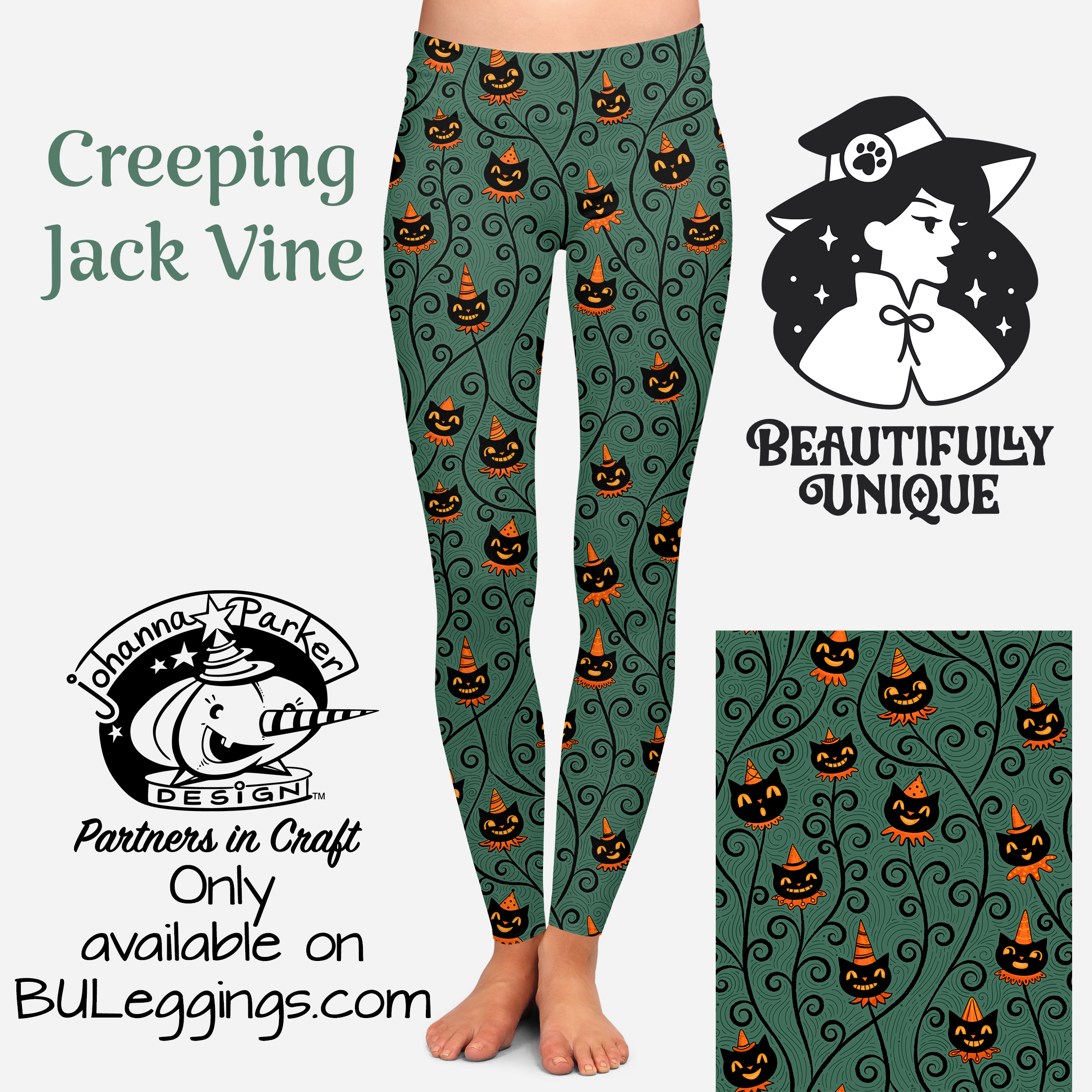 Creeping Jack Vine Black Vintage Cat (Johanna Parker Exclusive) -  High-quality Handcrafted Vibrant Leggings – Quirks!