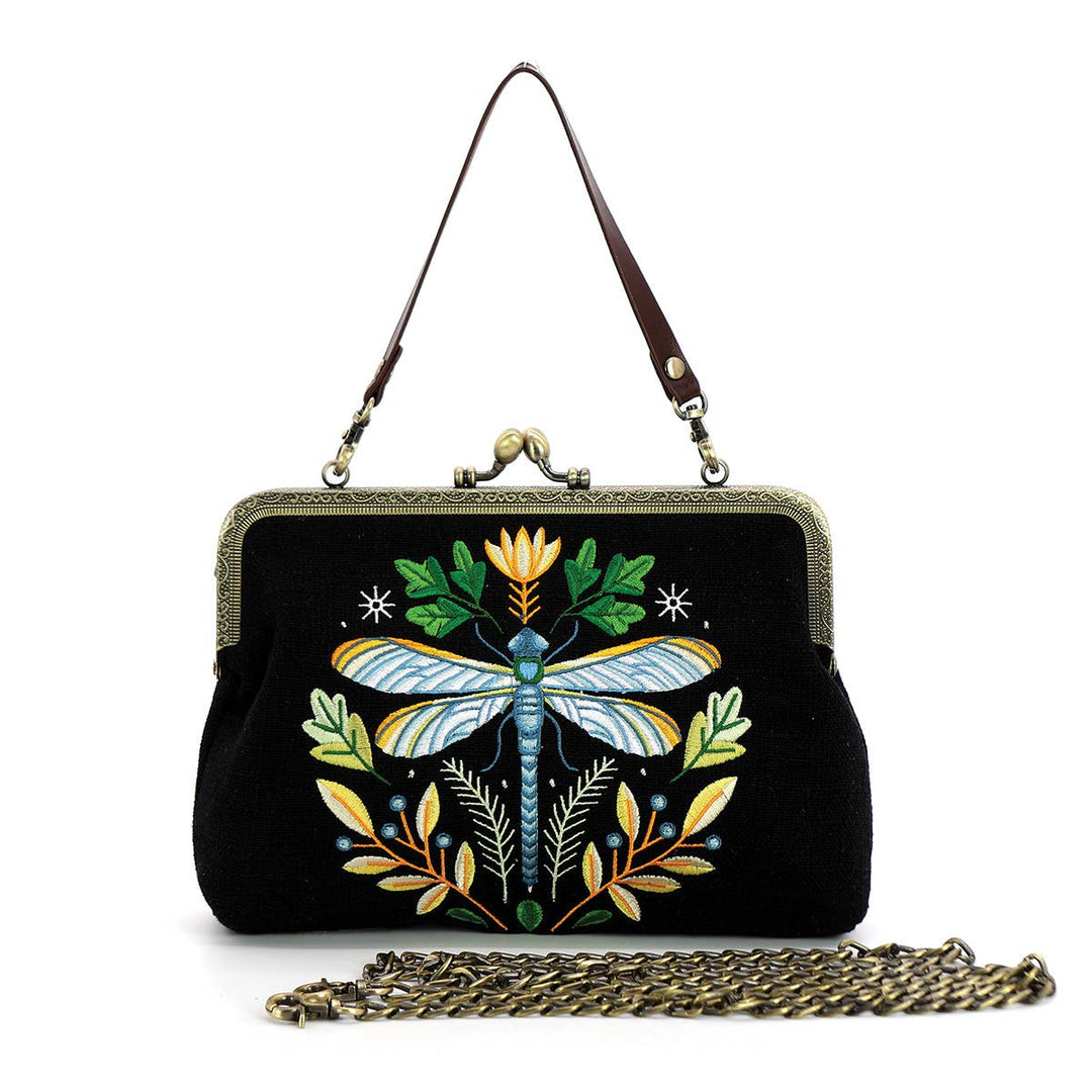 Dragonfly Vintage Kisslock Handbag: Black