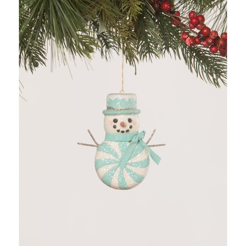 Aqua Peppermint Snowman Ornament by Bethany Lowe