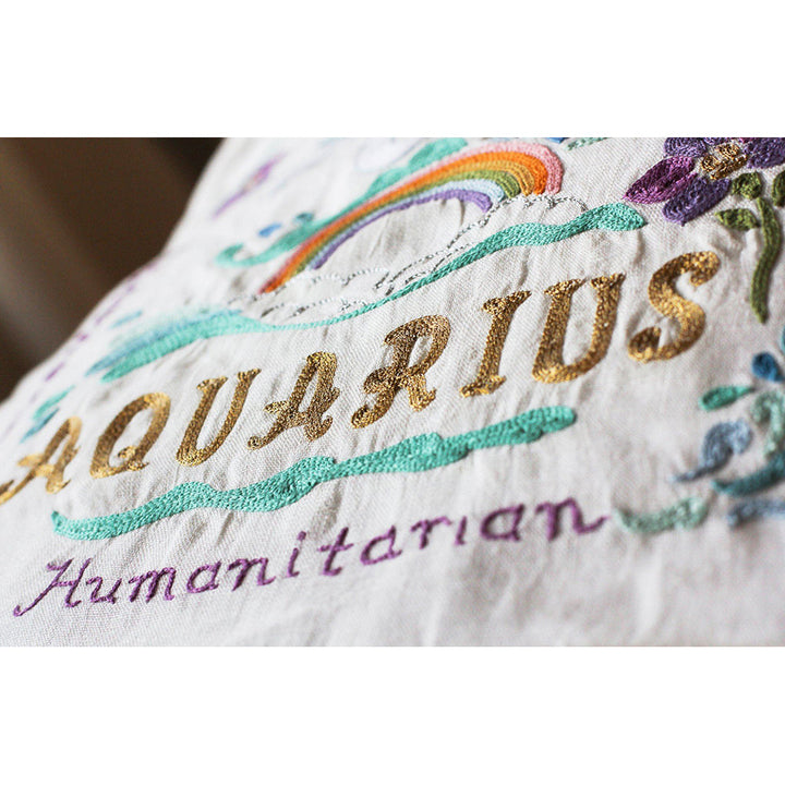 Aquarius Astrology Hand-Embroidered Pillow by Cat Studio