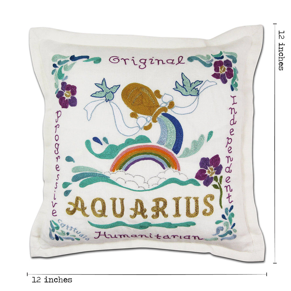 Aquarius Astrology Hand-Embroidered Pillow by Cat Studio