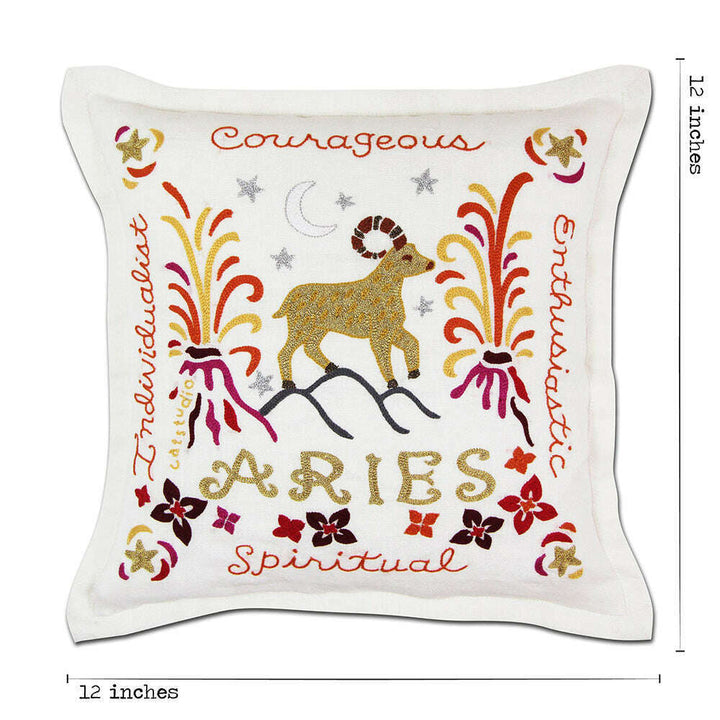 Aries Astrology Hand-Embroidered Pillow by Cat Studio