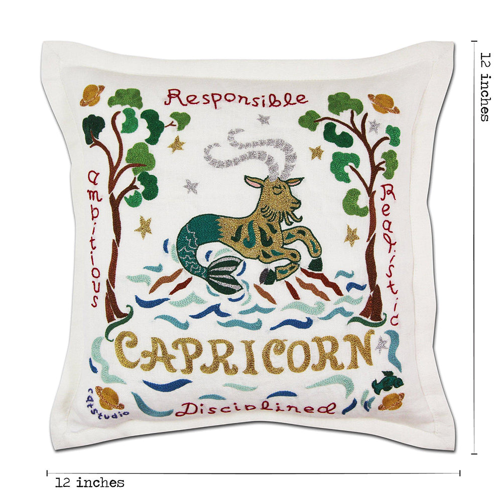 Capricorn Astrology Hand-Embroidered Pillow by Cat Studio