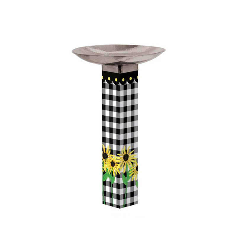 Checks and Yellow Daisies Bird Bath Art Pole w/ST9025 Stainless Steel Topper by Studio M