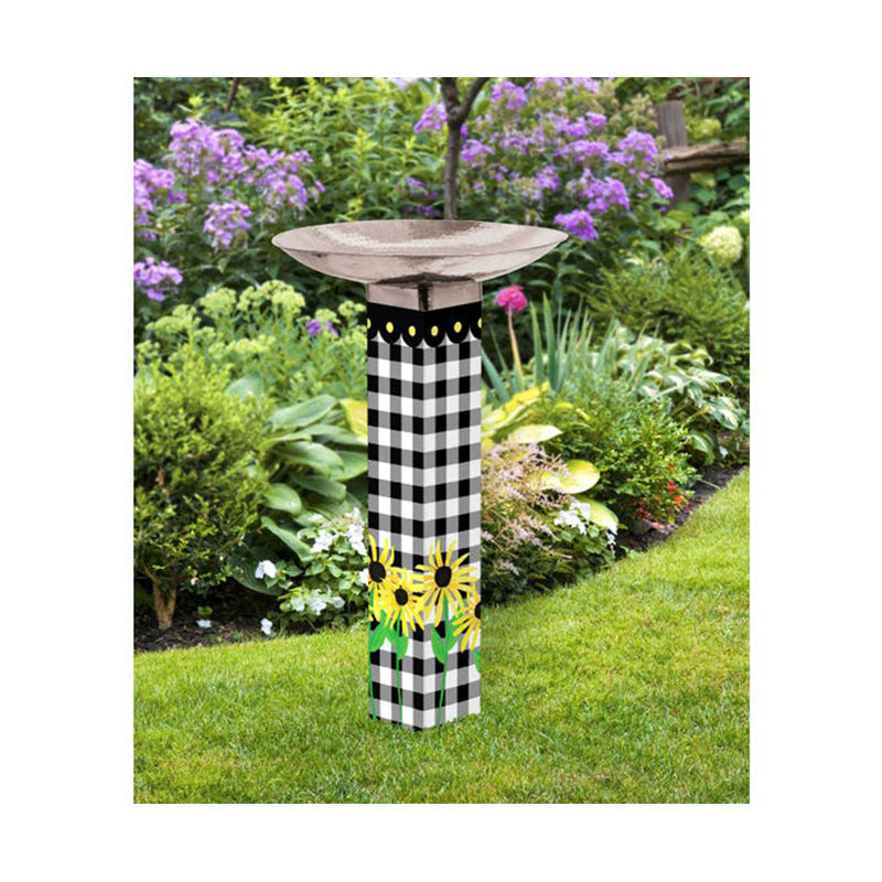 Checks and Yellow Daisies Bird Bath Art Pole w/ST9025 Stainless Steel Topper by Studio M