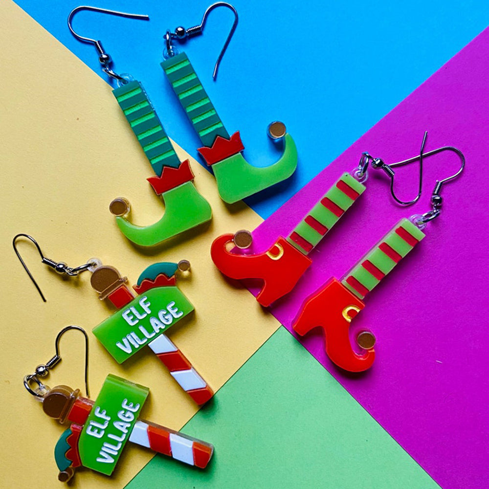 Christmas Collection - Elf Village + Elf Socks - Acrylic Earrings by Makokot Design