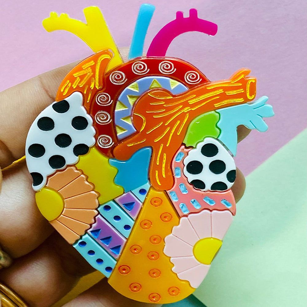 Mexican Folk Art Collection - Acrylic Brooch with Anatomical Alebrije Heart by Makokot Design