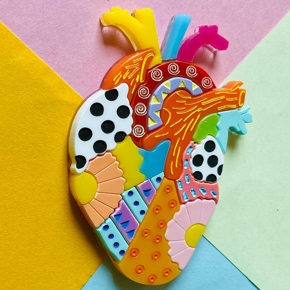 Mexican Folk Art Collection - Acrylic Brooch with Anatomical Alebrije Heart by Makokot Design