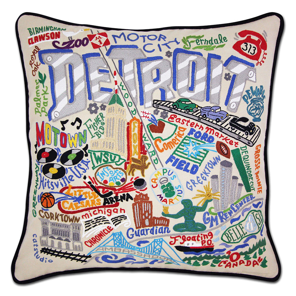 Detroit Hand-Embroidered Pillow by Cat Studio