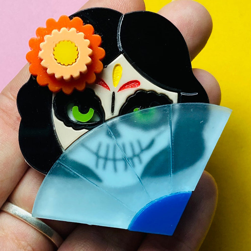 Day of the Dead 2021 Collection - Coccotte Calavera Head with Fan Acrylic Brooch by Makokot Design