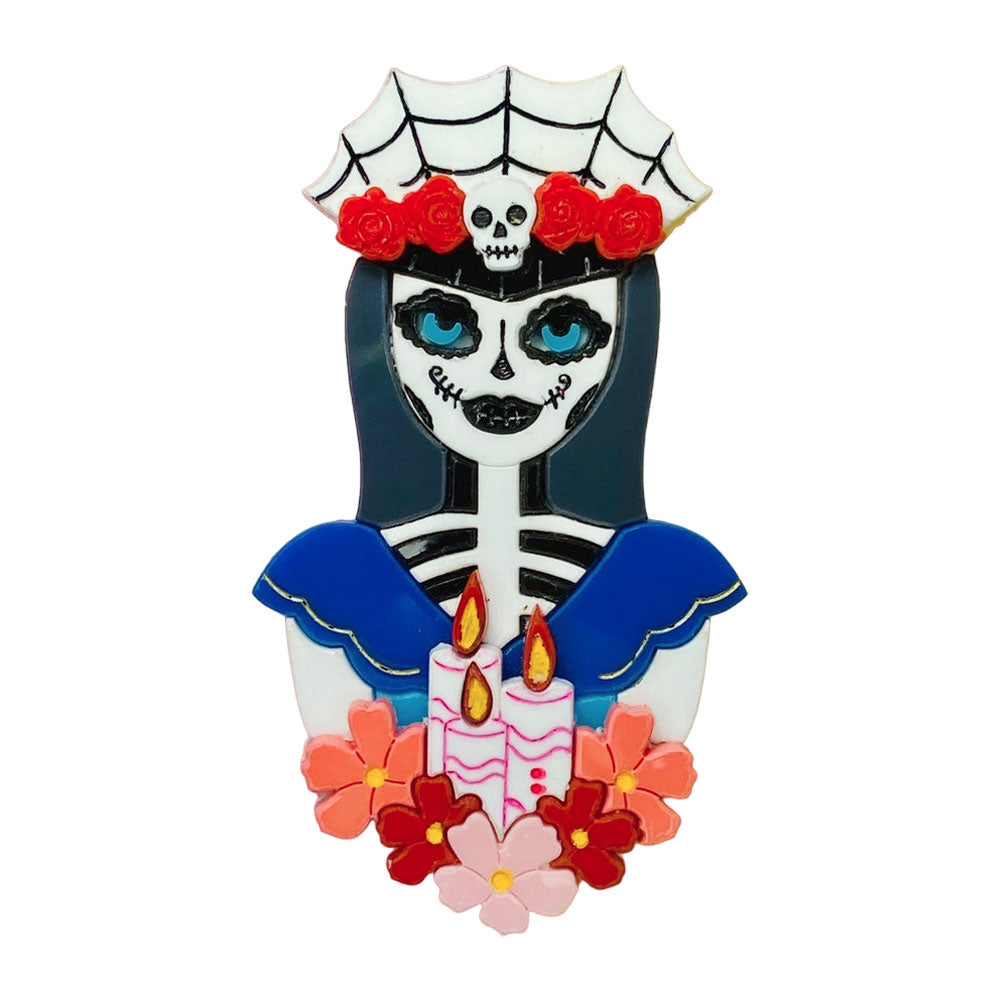 Day of the Dead 2021 Collection - Coccotte Calavera with Candles Acrylic Brooch by Makokot Design