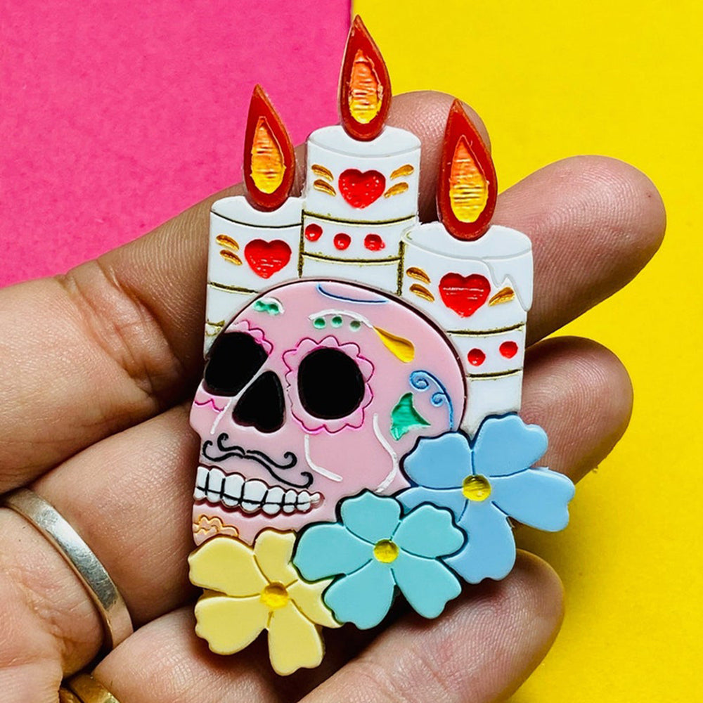 Day of the Dead 2021 Collection - Mexican Skull with Candles Acrylic Brooch by Makokot Design