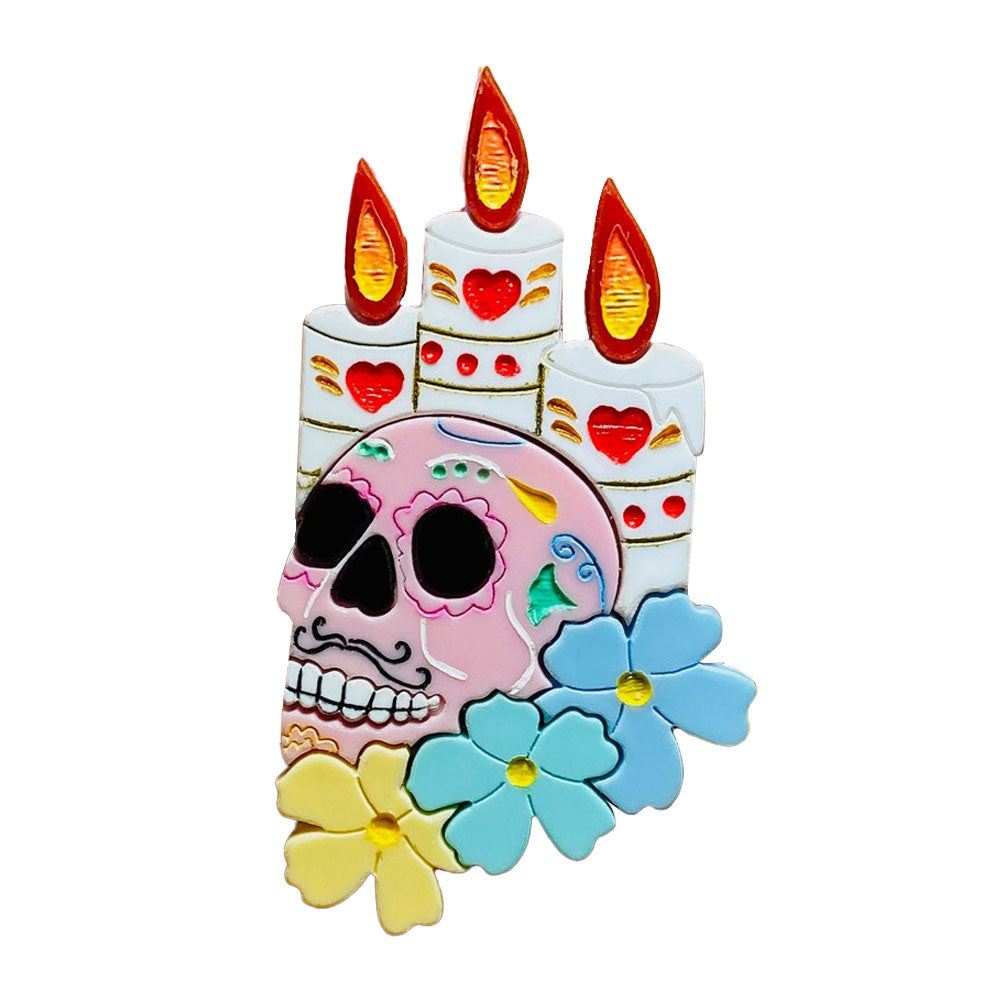Day of the Dead 2021 Collection - Mexican Skull with Candles Acrylic Brooch by Makokot Design