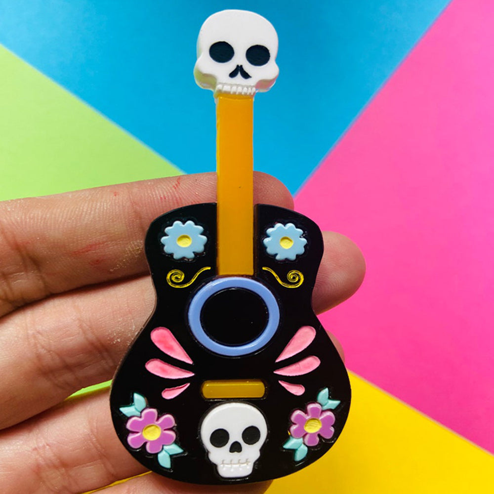 Day of the Dead 2022 - Mariachi Guitar with Skulls Acrylic Brooch by Makokot Design
