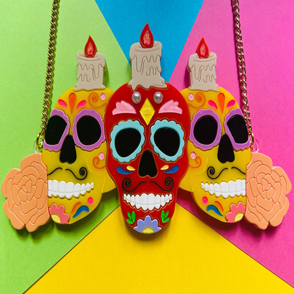 Day of the Dead 2022 - Sugar Skulls + Candles Acrylic Necklace by Makokot Design