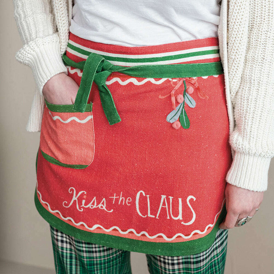 Cotton Slub Printed Half Apron w/ Embroidery, Holly, Pom Poms & Pocket © by Creative Co-Op