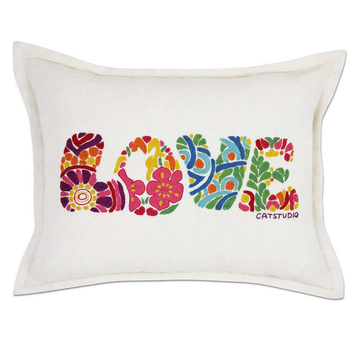 Flower Power Love Letters Hand-Embroidered Pillow - Available in Bright or Pastel by CatStudio