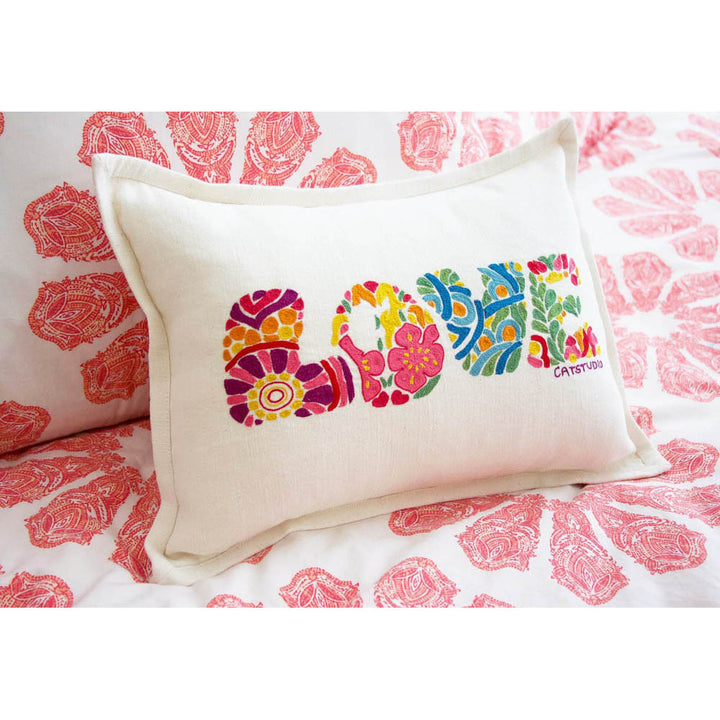 Flower Power Love Letters Hand-Embroidered Pillow - Available in Bright or Pastel by CatStudio