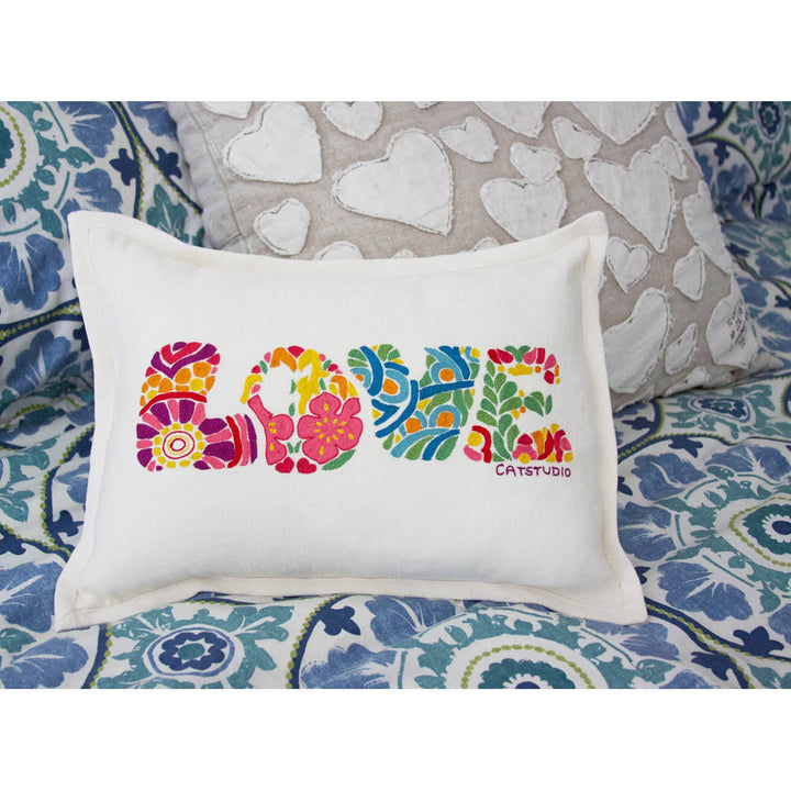 Flower Power Love Letters Hand-Embroidered Pillow - Available in Bright or Pastel by CatStudio