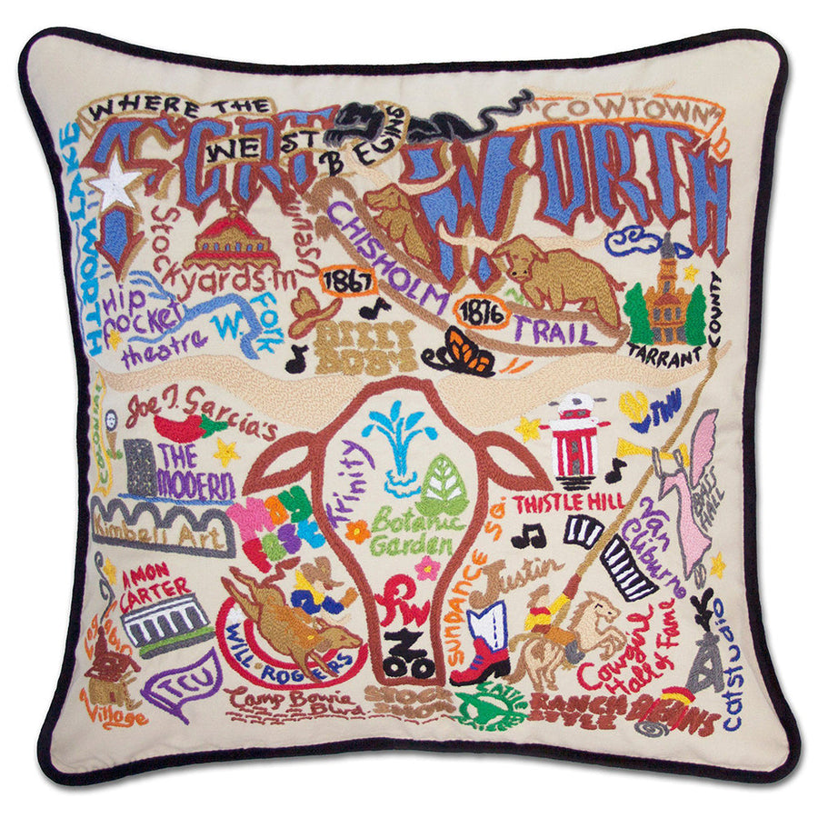 Fort Worth, TX Hand-Embroidered Pillow