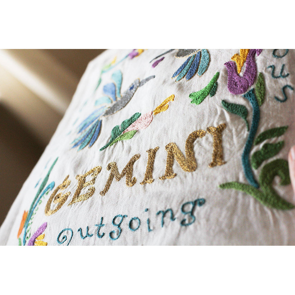 Gemini Astrology Hand-Embroidered Pillow by Cat Studio