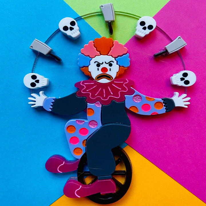 Halloween 2022 - Creepy Funfair Collection - Acrobat Clown with Skulls & Knives Acrylic Brooch by Makokot Design
