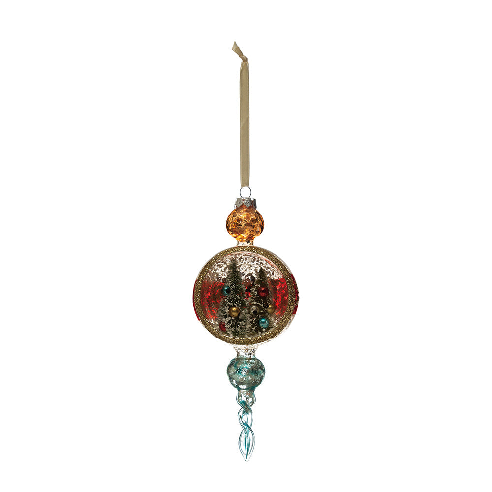 Hand-Painted Glass Diorama Finial Ornament with Bottle Brush Trees with Ornaments by Creative Co-Op