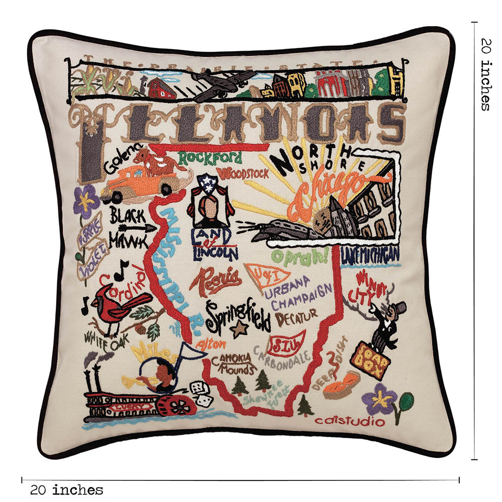 Illinois Hand-Embroidered Pillow