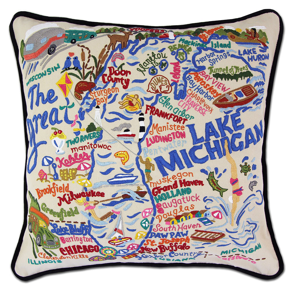 Lake Michigan Hand-Embroidered Pillow