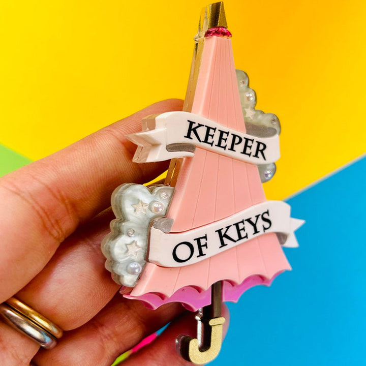 Magic & Witchcraft Collection - "Keeper of Keys Pink Umbrella" Acrylic Brooch by Makokot Design