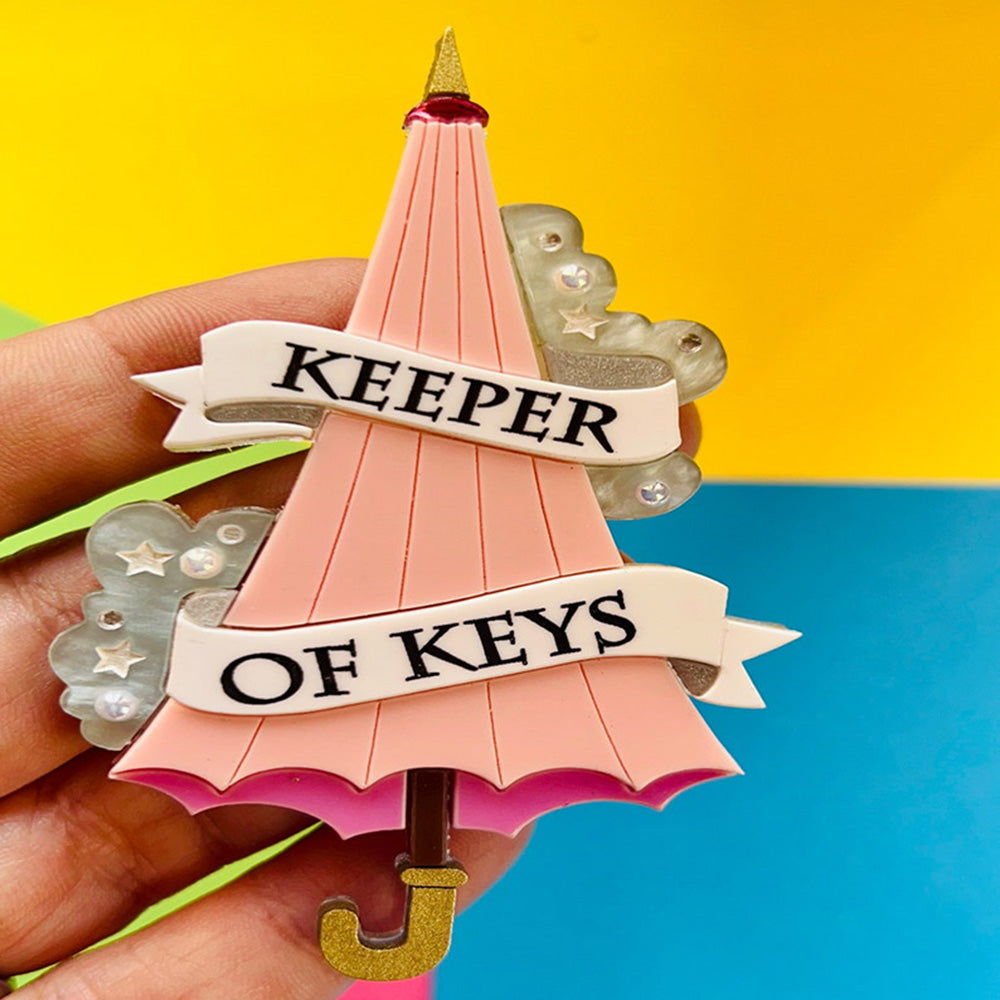 Magic & Witchcraft Collection - "Keeper of Keys Pink Umbrella" Acrylic Brooch by Makokot Design