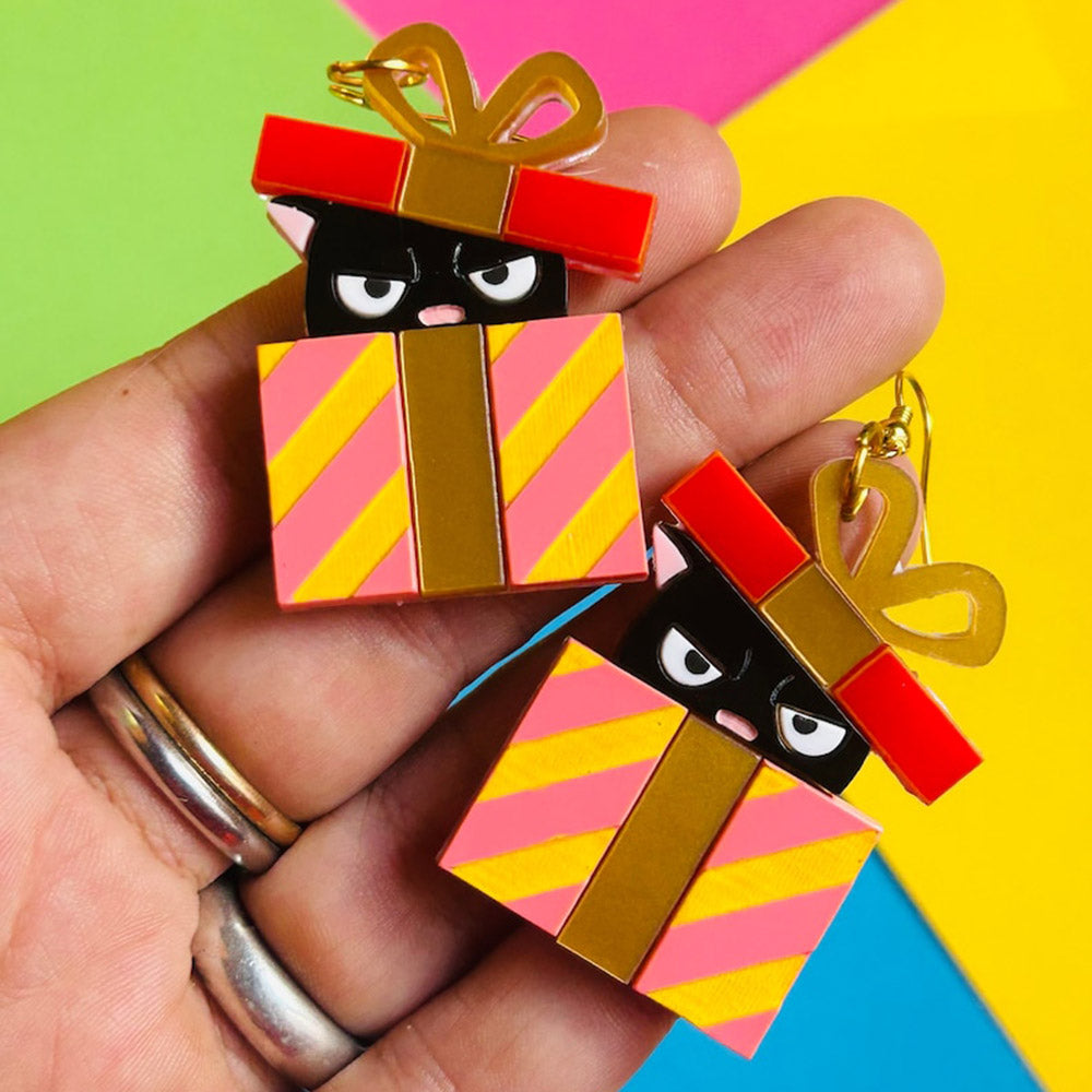 Meowy Christmas Collection - "Angry Cat in Christmas Gift Box" Acrylic Earrings by Makokot Design