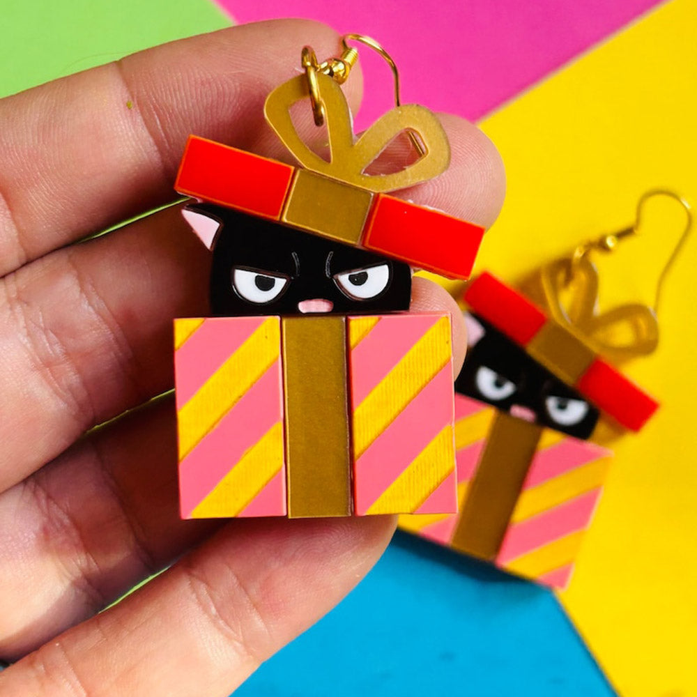 Meowy Christmas Collection - "Angry Cat in Christmas Gift Box" Acrylic Earrings by Makokot Design