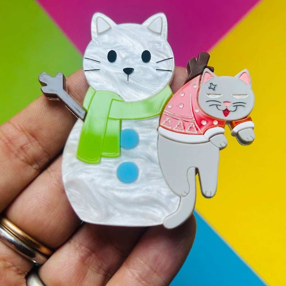 Meowy Christmas Collection - "Cat Stuck in Snowman" Acrylic Brooch by Makokot Design