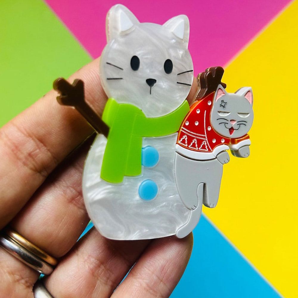 Meowy Christmas Collection - "Cat Stuck in Snowman" Acrylic Brooch by Makokot Design