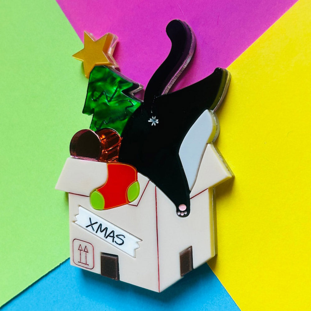 Meowy Christmas Collection - "Cat Stuck Inside Christmas Decorations Box" Acrylic Brooch by Makokot Design