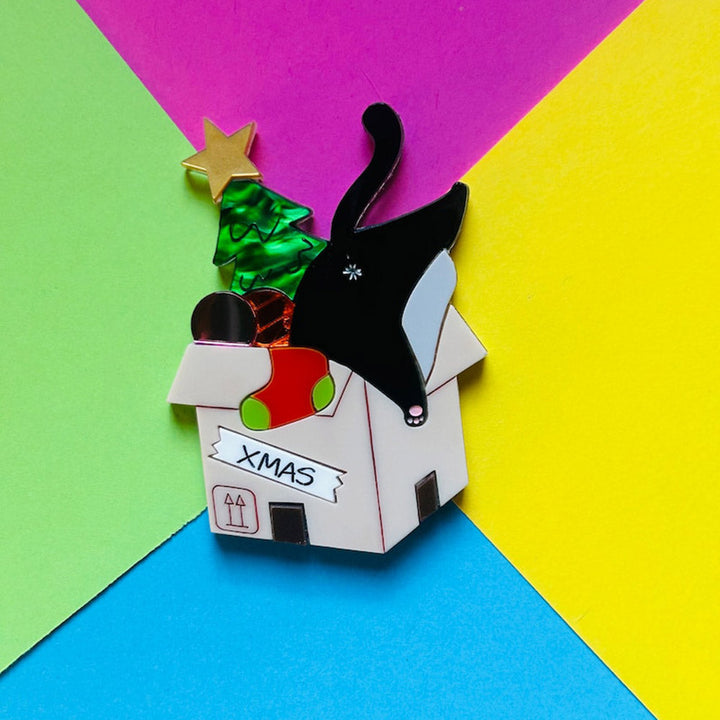 Meowy Christmas Collection - "Cat Stuck Inside Christmas Decorations Box" Acrylic Brooch by Makokot Design