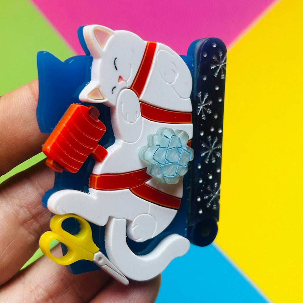 Meowy Christmas Collection - "Do You Really Want to Wrap Your Gift?!" Acrylic Brooch by Makokot Design