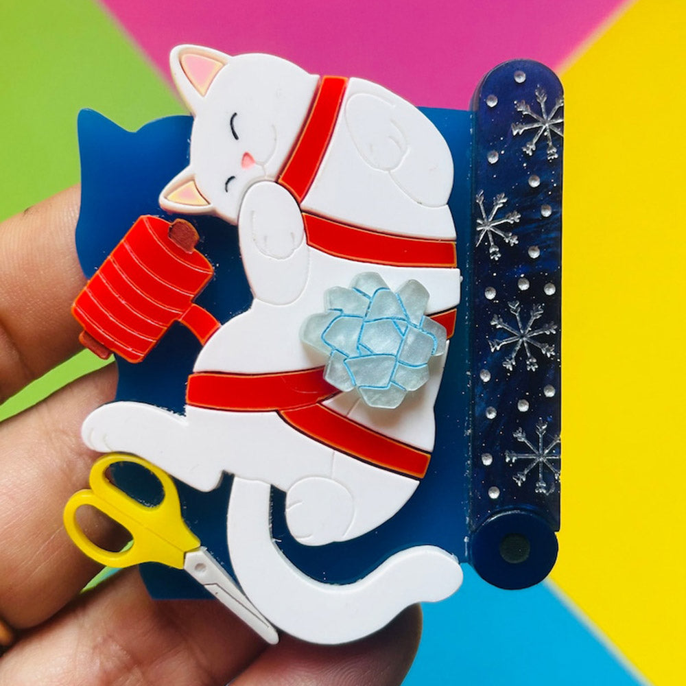 Meowy Christmas Collection - "Do You Really Want to Wrap Your Gift?!" Acrylic Brooch by Makokot Design