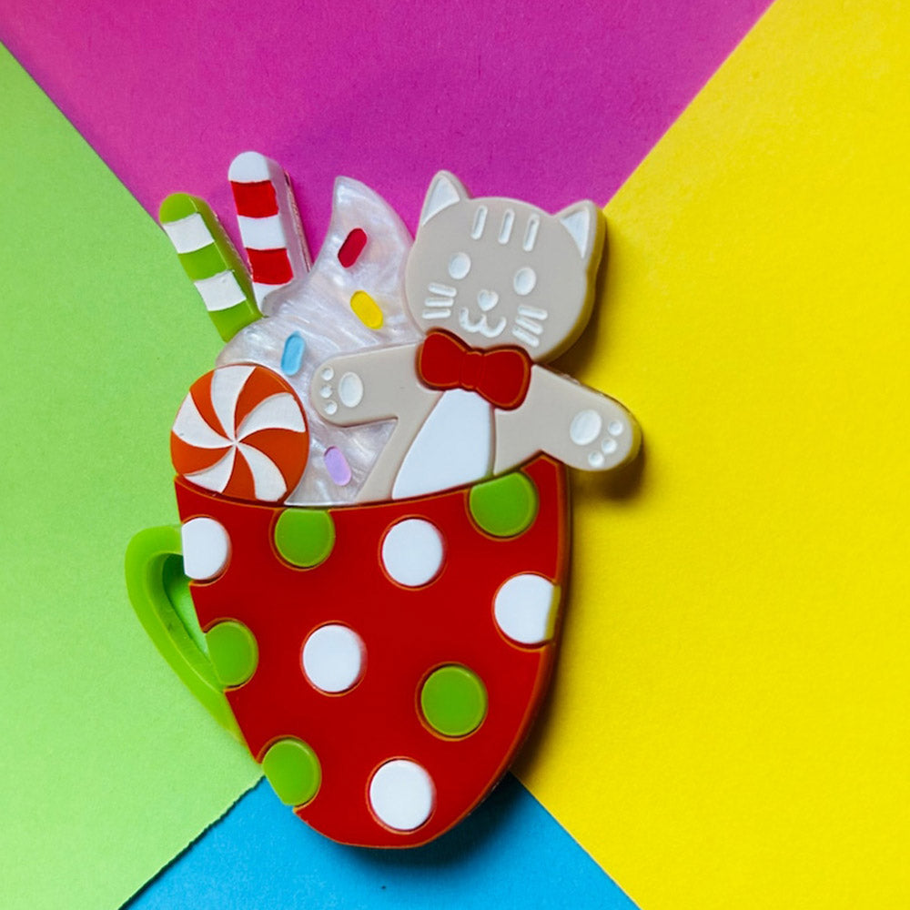 Meowy Christmas Collection - "Gingerbread Cat with Marshmallows Mug" Acrylic Brooch by Makokot Design