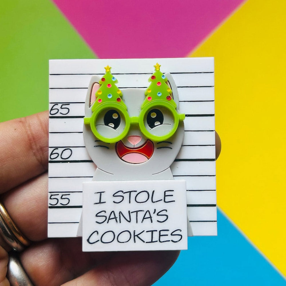 Meowy Christmas Collection - "I Stole Santa's Cookies" Grey Cat Acrylic Brooch by Makokot Design