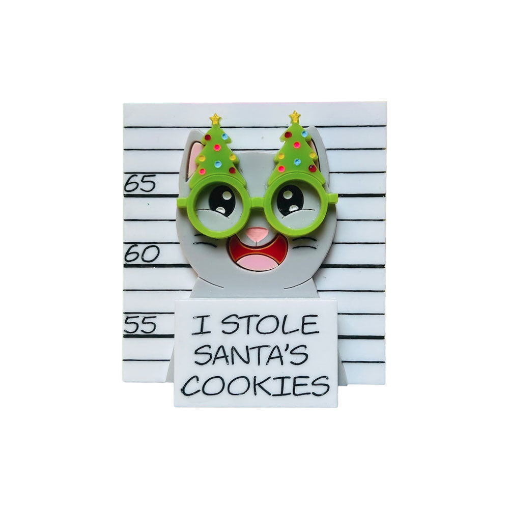 Meowy Christmas Collection - "I Stole Santa's Cookies" Grey Cat Acrylic Brooch by Makokot Design