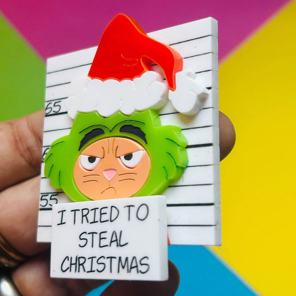 Meowy Christmas Collection - "I Tried to Steal Christmas" Ginger Cat Acrylic Brooch by Makokot Design
