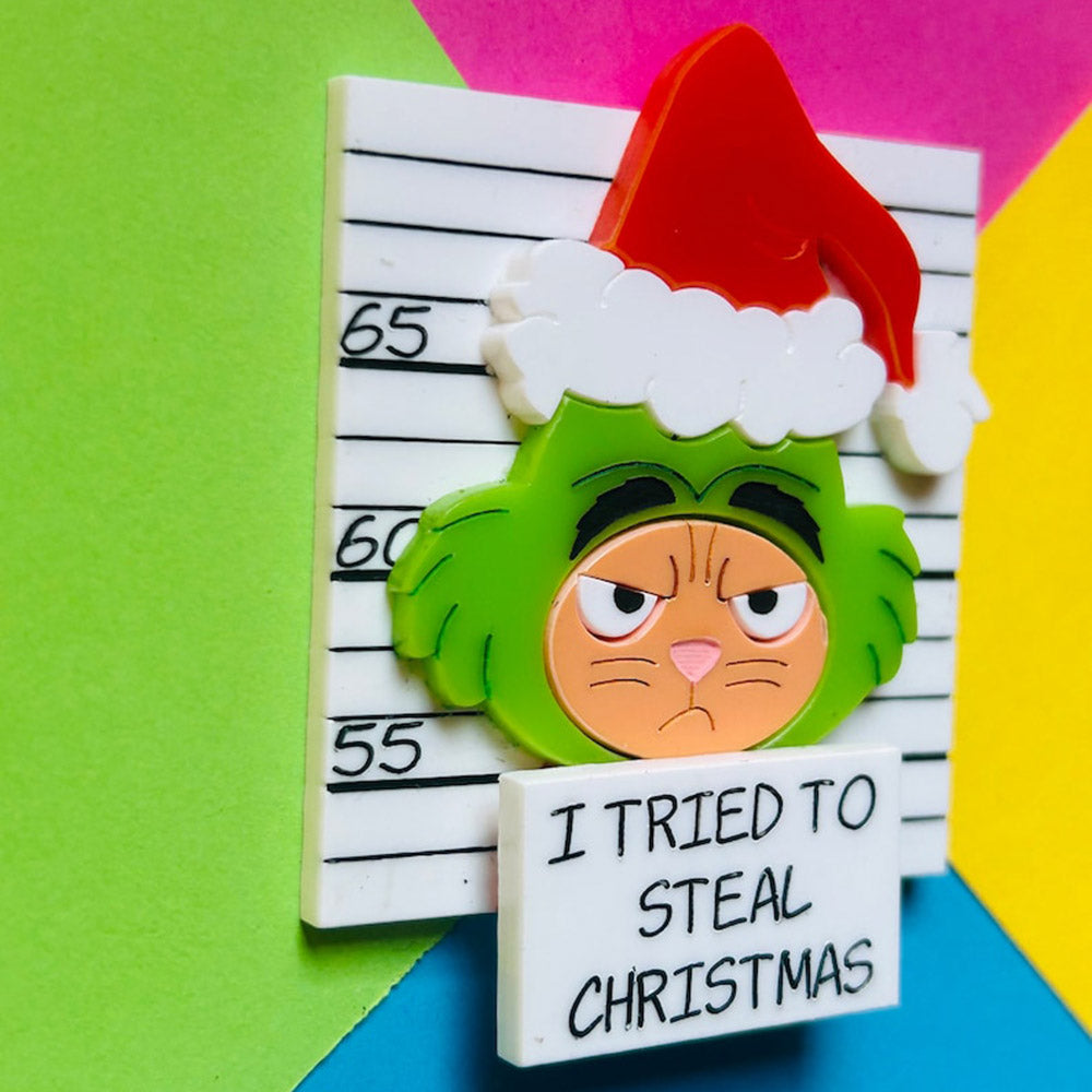 Meowy Christmas Collection - "I Tried to Steal Christmas" Ginger Cat Acrylic Brooch by Makokot Design