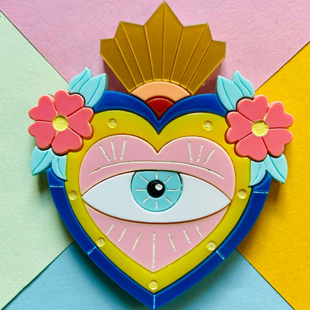 Mexican Folk Art Collection - Milagros with Eye and & Flowers Acrylic Brooch by Makokot Design
