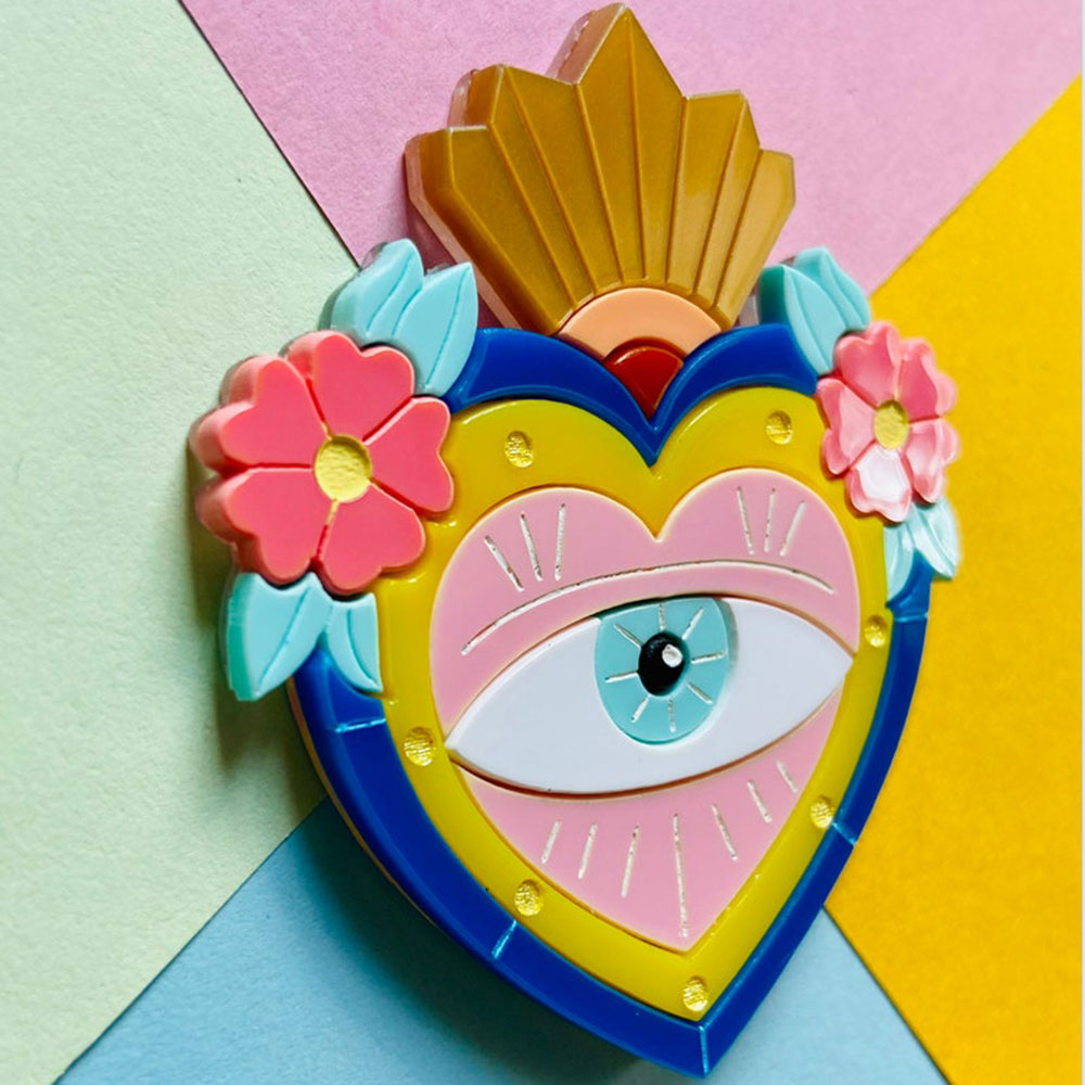 Mexican Folk Art Collection - Milagros with Eye and & Flowers Acrylic Brooch by Makokot Design