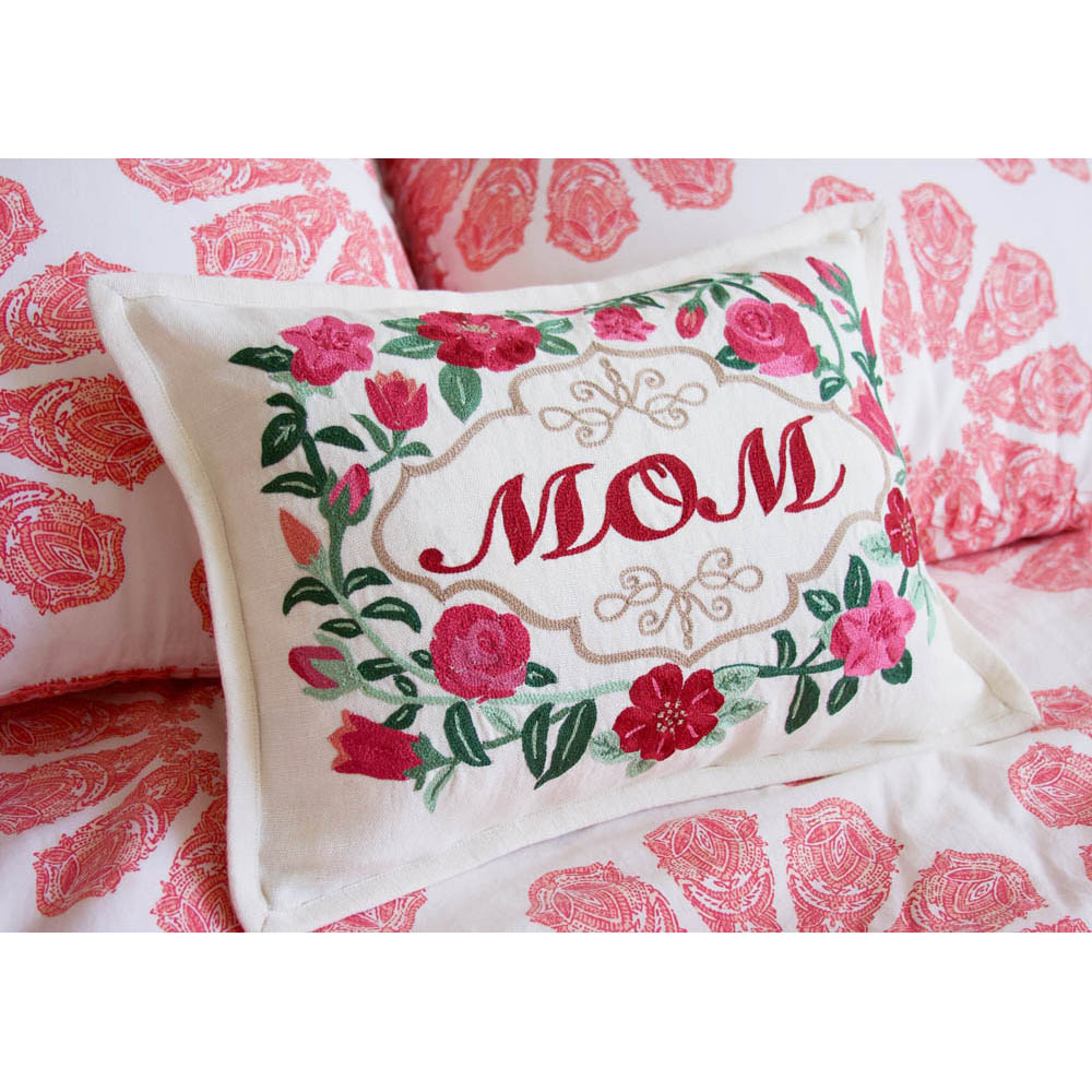 Mom Love Letters Hand-Embroidered Pillow - Available in Rose and Natural by CatStudio